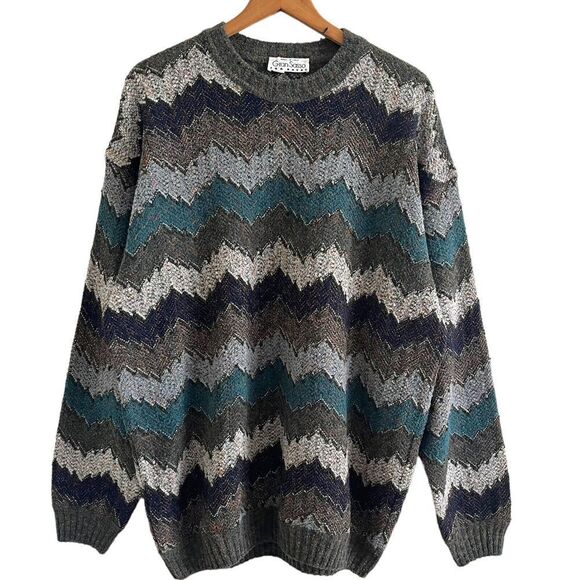 Vintage Gran Sasso Italy Crewneck Sweater XL Wool Mohair Chevron - Picture 1 of 9